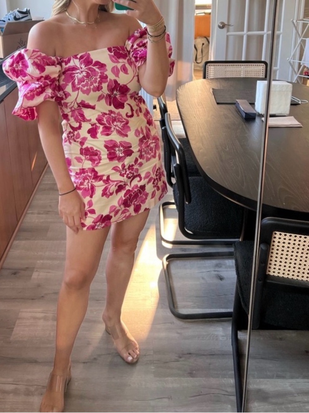 Mango Off-Shoulder Mini Dress in Cream with Pink Floral Print